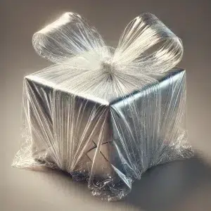 DALL·E 2025 01 12 01.10.45 A highly realistic image of a cellophane gift wrap. The wrap is clear, shiny, and delicately crinkled, encasing a beautifully wrapped present with a r