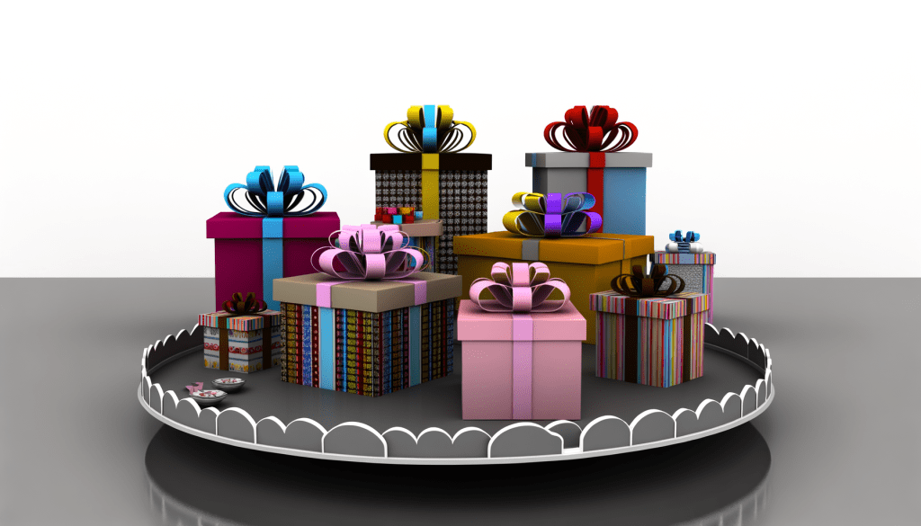 מגוון קופסאות מתנה צבעוניות ומעוצבות עם סרטים ואביזרים שונים, מונחות על שולחן מעוצב בצורה אסתטית.