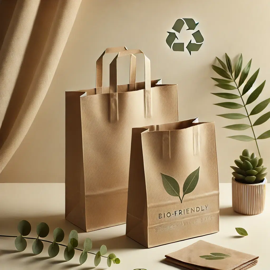 DALL·E 2025 01 09 14.12.53 An image featuring eco friendly biodegradable paper bags. The bags are simple and brown, with natural textures, symbolizing sustainability and environ