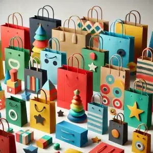 DALL·E 2025 01 09 14.14.21 An image featuring colorful paper bags in various sizes and shapes. The bags are in bright, vibrant colors like red, blue, green, and yellow, each wit