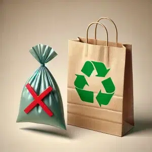 DALL·E 2025 01 09 14.19.32 An image showing a small plastic bag, made of nylon or plastic, with a bold red 'X' over it, symbolizing its environmental harm. Next to it is a large