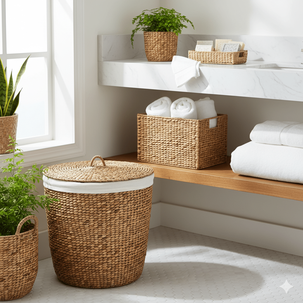 סלסלות קש בחדר הרחצה